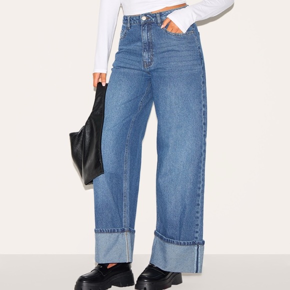 PrettyLittleThing Brown Wide Leg Jeans 12 TALL - Picture 1 of 4
